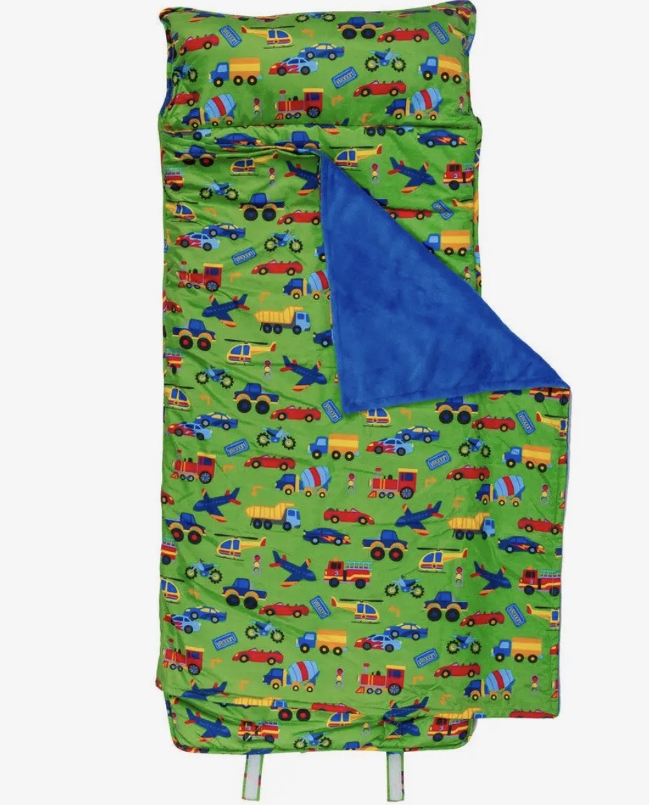 Personalized green transportation kids nap mat with built-in pillow and blanket - custom name gift for boys, preschool & daycare - nationwide delivery from The Pampered Professional, Long Island NY