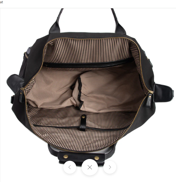 Harrison Weekender Duffel Bag interior - padded laptop compartment, striped lining and shoe pockets, premium corporate gift bag, Long Island gift store