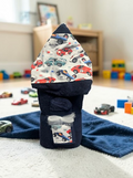 Navy blue race car hooded baby towel - a cool new baby or toddler gift for little speed racers, delivered nationwide from New York
