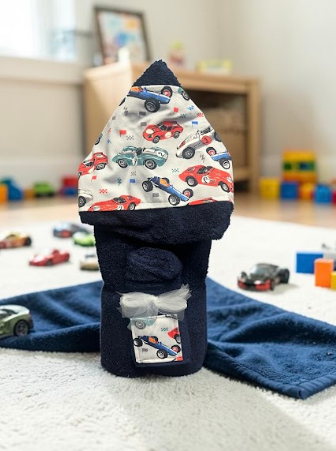 Navy blue race car hooded baby towel - a cool new baby or toddler gift for little speed racers, delivered nationwide from New York