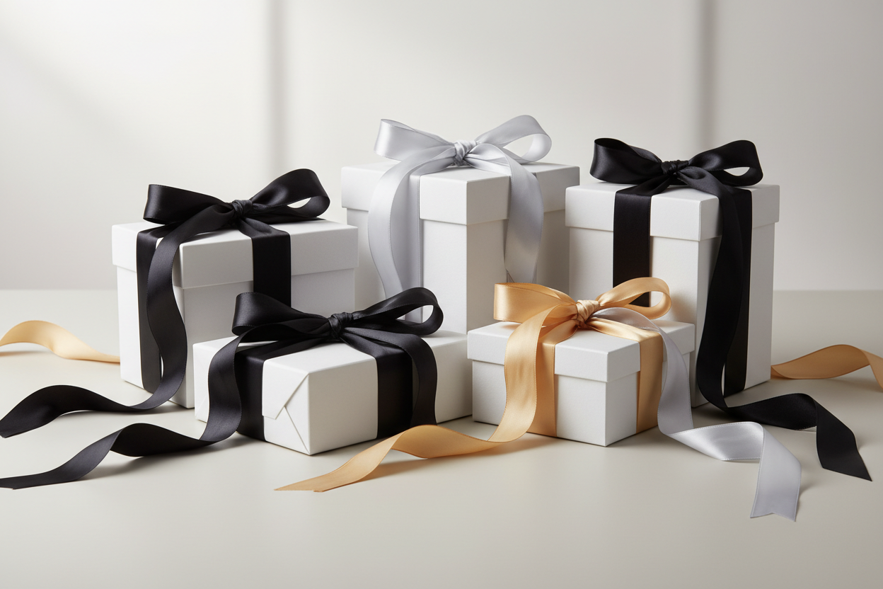 horizonal image of white gift boxes with black silver and gold bows and ribbons