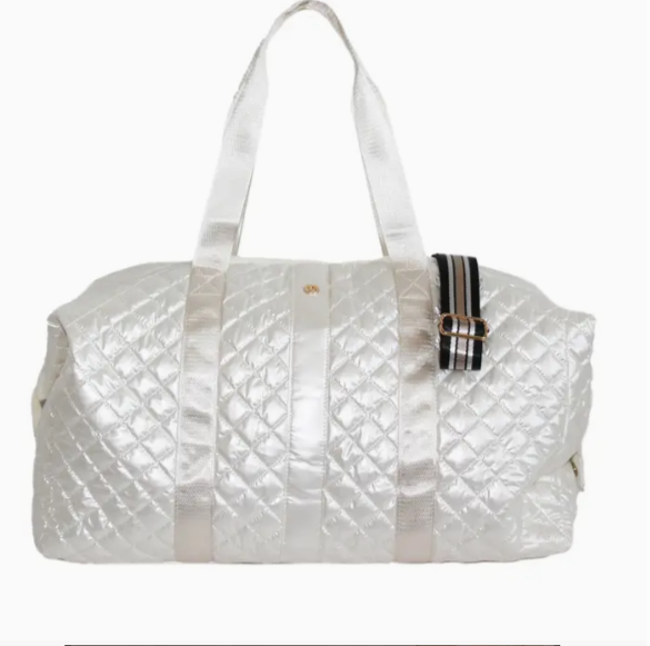 Ivory White Debra Diamond quilted weekender duffel - elegant cream travel bag with diamond quilt design, luggage strap and zip pockets - gift for her, corporate gift, Long Island NYC gift store, nationwide delivery
