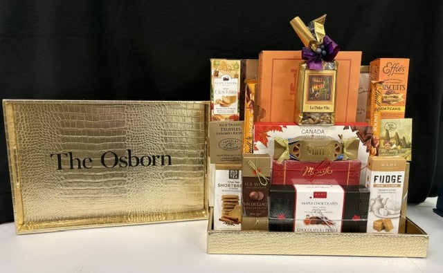 Custom corporate logo branded gift with a personalized tray, bookshelf stacking game and assorted gourmet foods, ideal for new-client gifts and holiday gifting in NYC with nationwide delivery
