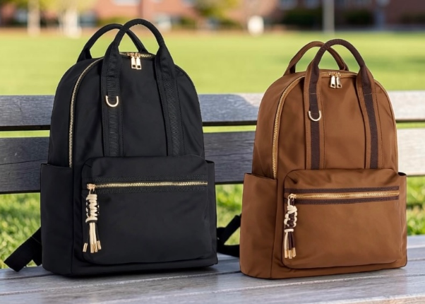 Jet Backpack in Black and Mocha - back to school and travel backpack set with gold hardware, contrast trim and tassel pulls - gift for her, Long Island New York City
