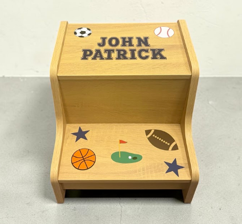Personalized all-sports lacrosse kids step stool in white or natural wood - custom name toddler gift for boys - baby shower and birthday gift - The Pampered Professional, Long Island NY