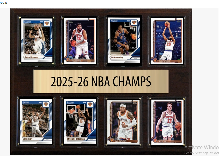 New York Knicks 2025-26 NBA Champions premium wood plaque with 8 licensed trading cards featuring Brunson, Towns, Anunoby, Bridges, Hart, Robinson, McBride, and Kolek - fan cave gift, New York City, nationwide delivery