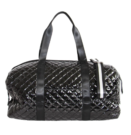 Black Debra Diamond quilted weekender duffel - faux leather finish, luggage strap, trolley sleeve, holiday corporate gift, nationwide delivery