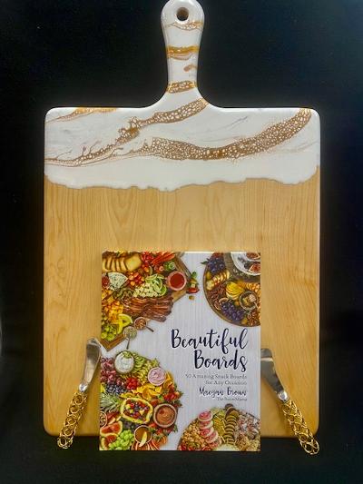 Pearl White gourmet charcuterie board with Beautiful Boards How-To Book - handcrafted acacia wood keepsake gift board with chocolates, biscotti, and savory delights, delivered nationwide and to New York City NYC - perfect for corporate gifting, birthdays, housewarmings, and sympathy baskets
