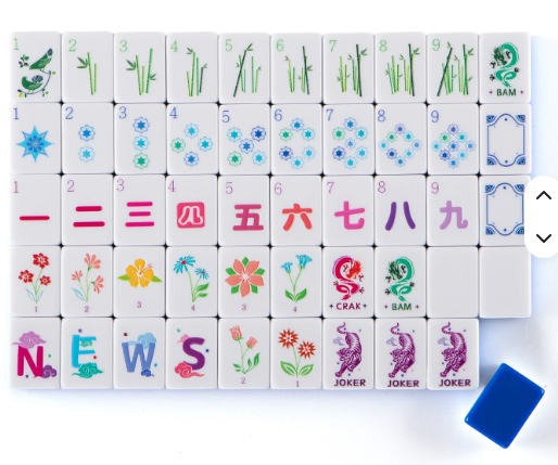 Water Lake Blue Acrylic Mahjong Complete Tile Set flat lay - white tiles with bamboo dots characters flowers winds NEWS and joker suits with blue tile rack - unique birthday holiday corporate gift - Long Island gift store New York City nationwide delivery
