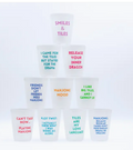 Set of 10 frosted reusable mahjong cups in assorted colors, each printed with a different mahjong phrase - perfect for beach and backyard entertaining