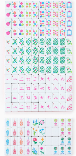 Orange Pink Gradient Acrylic Mahjong Complete Tile Set overhead flat lay - all suits flowers winds and joker tiles displayed in rows with pink botanical and garden illustrations - unique birthday Mother's Day corporate gift - New York City gift shop
