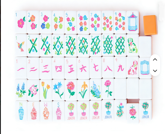 Orange Pink Gradient Acrylic Mahjong Tile Set complete layout - white tiles with colorful floral botanical and Chinese character designs including jokers winds and suits - premium mahjong gift for her - Long Island gift store nationwide delivery
