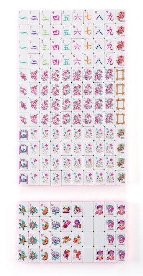 Hot Pink Candy Acrylic Mahjong Tile Set - hot pink racks with whimsical candy, poodle, star, and moon joker tiles - fun mahjong gift for her, Corey Paige, Bespoke Mahjong, My Fair Mahjong, Oh My Mahjong, NYC gift shop