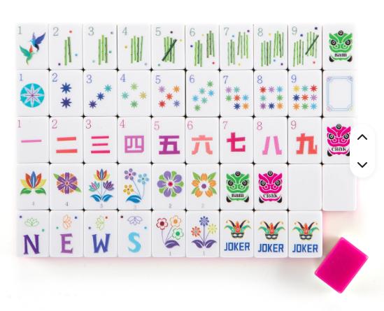 Hot Pink Acrylic Mahjong Tile Set - full tile layout showing bamboo, colorful dot, red crak, floral flower, NEWS wind, and jester joker tiles with hot pink rack - NMJL compatible mahjong gift, Corey Paige, Bespoke Mahjong, My Fair Mahjong, Oh My Mahjong, NYC gift shop
