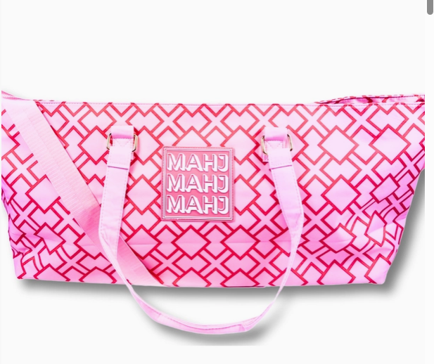 Pink Geometric Mahjong tote bag with MAHJ silicone patch - oversized zip tote for game night, travel and beach - birthday gift for Mahjong lovers, Long Island NYC gift store, nationwide delivery
