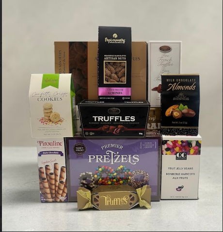 Midnight Munch Gourmet Gathering gift basket filled with premium chocolates, truffles, caramels and candies in rich purple and plum tones - perfect for corporate gifts, holidays and special occasions, delivered in NYC and nationwide.