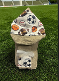 Beige multi-sport hooded baby towel - a fun bathtime or poolside gift for newborns and toddlers, shipped nationwide from New York