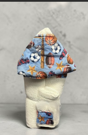 White multi-sport hooded towel for baby - a personalized corporate or personal gift for sports-loving families, delivered throughout NYC and the US