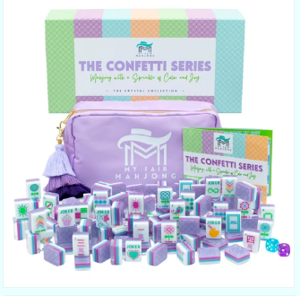 My Fair Mahjong Crystal Confetti Series lavender tile set with labeled mahjong tiles, purple tassel pouch, and full tile layout - unique gift for her, birthdays and bridal showers - The Pampered Professional, NYC