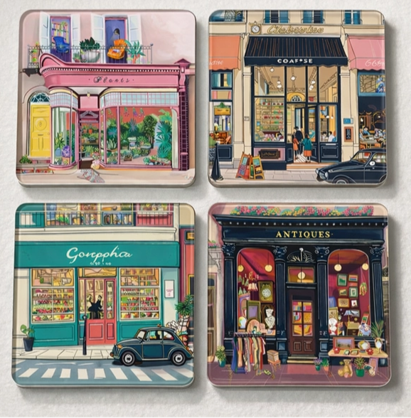 Four Paris café coasters with vintage storefronts; NYC corporate gifts, gifts for all occasions, nationwide delivery, Long Island gift store.