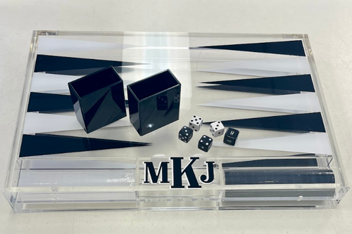 Personalized acrylic backgammon set black and white - custom name game gift - The Pampered Professional