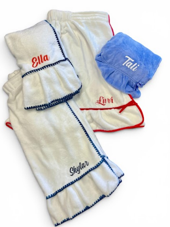 Personalized plush spa wrap customized in school college colors - perfect for graduation, wedding shower, bridal parties, and get well gifts