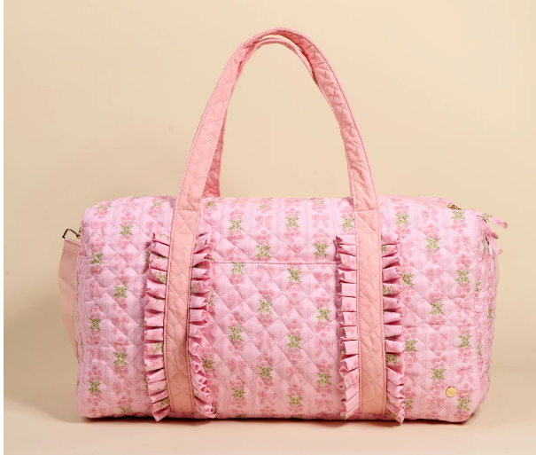 pink quilted floral ruffle weekender duffle bag with crossbody strap - luxury gift for birthdays, Mother's Day, and holidays - nationwide delivery from NYC Long Island gift store