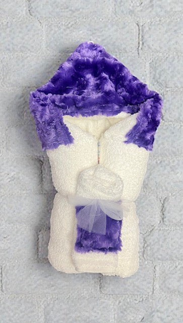 Personalized purple hooded towel for toddler bath time - corporate and personal baby gifts shipped across the US