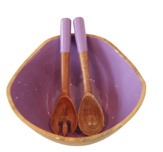 Purple Mango Wood and Enamel Salad Bowl with Servers - unique hostess and housewarming gift for her, birthdays and holidays | The Pampered Professional