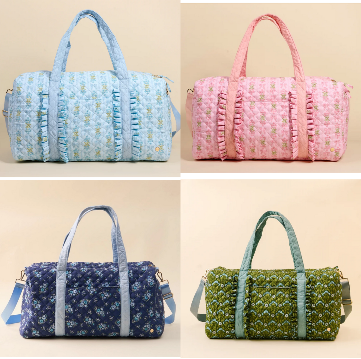 Quilted floral weekender duffle bag gift - light blue, pink, navy, and forest green styles with ruffle trim and crossbody strap - luxury travel gift for birthdays, holidays, and corporate gifting, nationwide delivery from NYC Long Island gift store