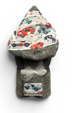 Gray race car hooded towel for babies and toddlers - a unique personalized baby shower gift, shipped throughout NYC and across the US