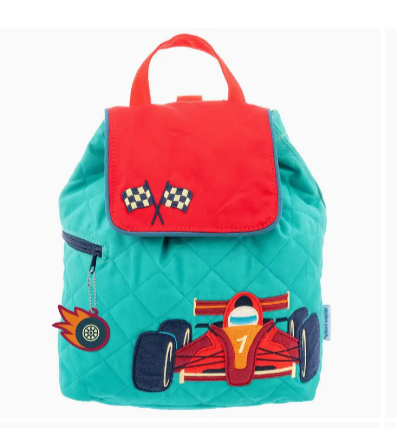 Boys personalized quilted backpack with race car embroidery - Stephen Joseph toddler backpack doubles as diaper bag, corporate and family gifts, NYC