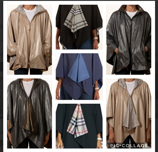 Beige Plaid Reversible Hooded Cape Collage - Packable Womens Rain Wrap Travel Gift