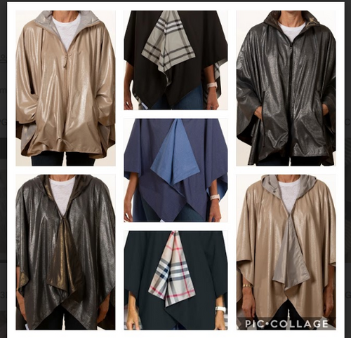Beige Plaid Reversible Hooded Cape Collage - Packable Womens Rain Wrap Travel Gift