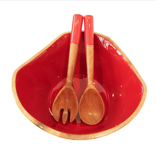 Mango Wood & Enamel Salad Bowl w/ Servers