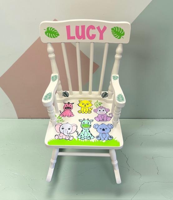 Personalized pastel animals rocking chair for toddlers - custom nursery keepsake baby shower and birthday gift - ships nationwide - The Pampered Professional