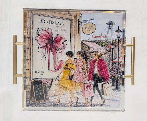 Shopping is a Good Idea Acrylic Tray with gold handles featuring three chic women shopping on a European city street with a pink bow and high heel illustration - luxury fashion gift for her, NYC and Long Island boutique, nationwide delivery
