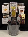 Textured graphite-silver ice bucket topped with biscotti, chocolates, nuts and fudge for holiday corporate gifting in NYC, Long Island and nationwide