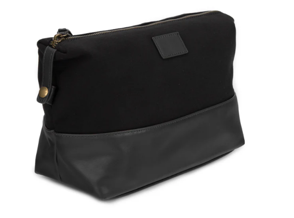 Skyler Toiletry Bag in black cotton canvas and vegan leather with gold-tone zipper and monogram patch - luxury travel bag for men, Long Island gift store, nationwide delivery