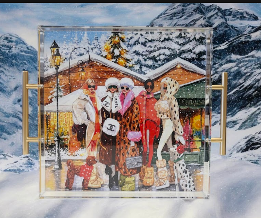Snow Mountain Apres-Ski Fashion Acrylic Tray with gold handles featuring a glamorous winter illustration of four chic women in designer looks outside a snowy alpine chalet - luxury gift for her, NYC and Long Island boutique, nationwide delivery