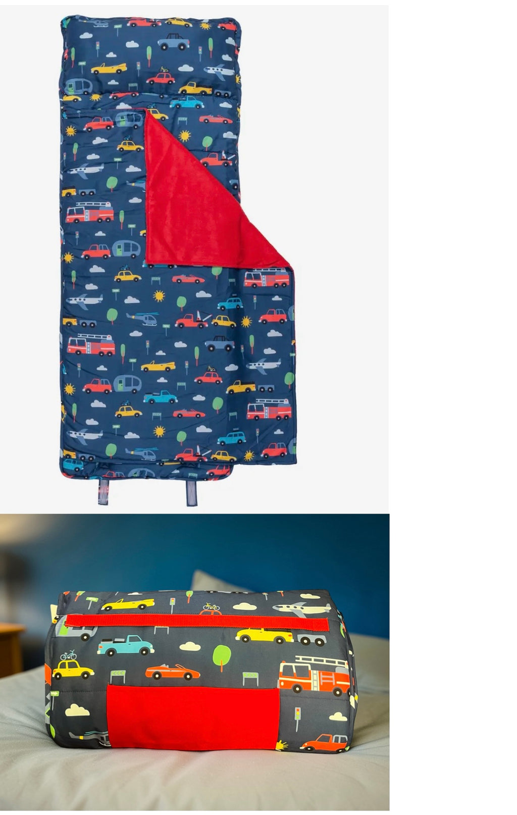 Personalized blue transportation kids nap mat with built-in pillow and blanket - custom name gift for boys, preschool & daycare - nationwide delivery from The Pampered Professional, Long Island NY