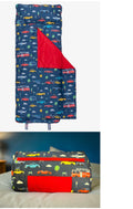 Personalized blue transportation kids nap mat with built-in pillow and blanket - custom name gift for boys, preschool & daycare - nationwide delivery from The Pampered Professional, Long Island NY