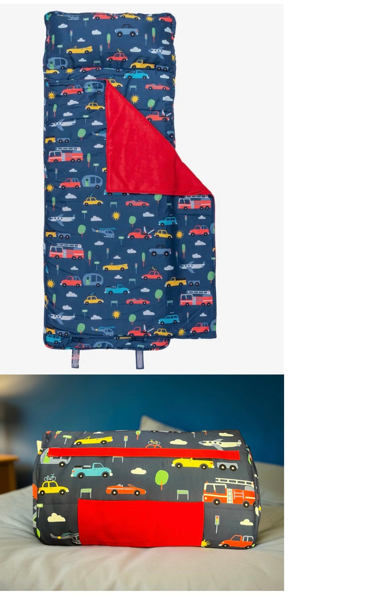 Personalized blue transportation kids nap mat with built-in pillow and blanket - custom name gift for boys, preschool & daycare - nationwide delivery from The Pampered Professional, Long Island NY