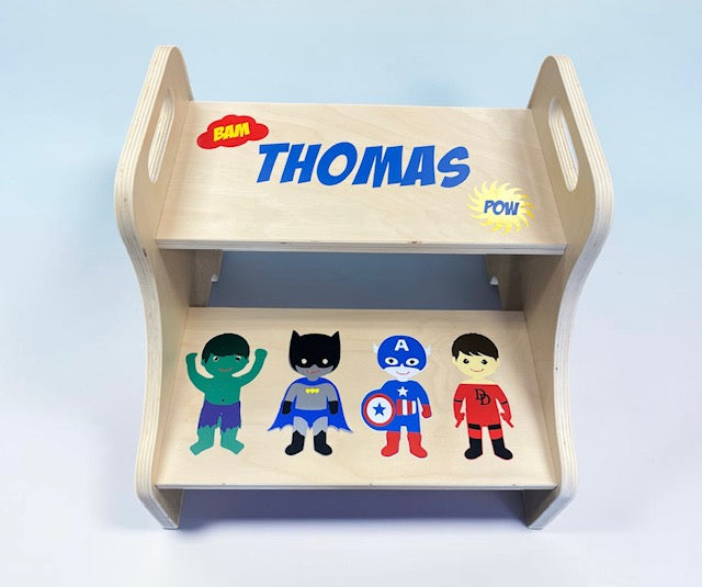 Superhero step stool for toddlers - personalized new baby and birthday gift - NYC and nationwide delivery - The Pampered Professional