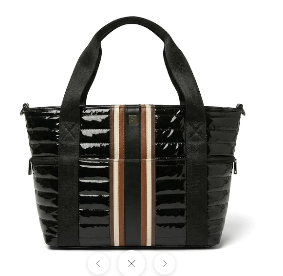Think Rolyn Jet Set Wingman Tote in Black Patent Colorblock Luxe Stripe - luxury travel tote with trolley slip, zip pockets, and crossbody strap, nationwide delivery, NYC Long Island gift store