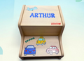 Personalized wooden kids step stool with cars and airplane design - customized with name in blue letters - natural wood finish - The Pampered Professional