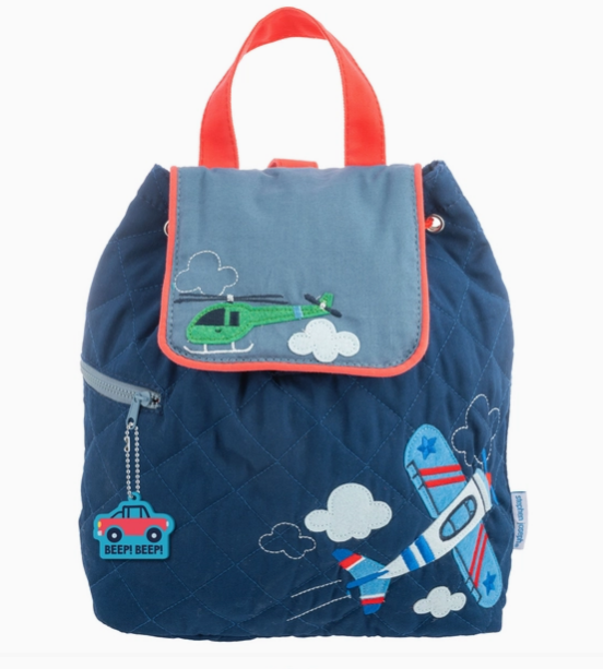 Kids quilted backpack with helicopter and airplane embroidery - personalized Stephen Joseph preschool bag, back-to-school gift, New York gift store