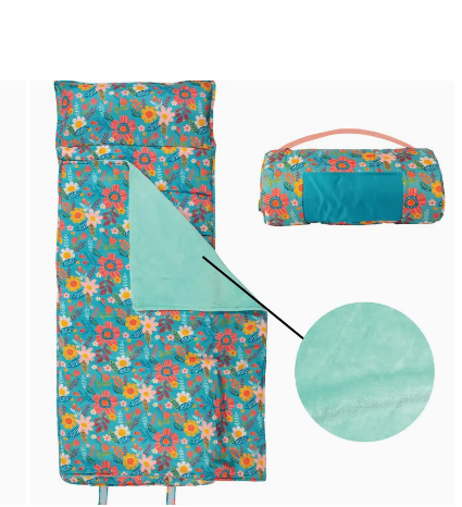 Personalized turquoise floral kids nap mat with built-in pillow and blanket - custom name gift for girls, preschool & daycare - nationwide delivery from The Pampered Professional, Long Island NY