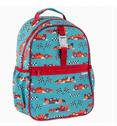 Stephen Joseph All Over Print Kids Backpack in teal Race Car design - school bag for boys with race car and checkered flag pattern, adjustable straps and front zip pocket