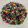  holiday platter filled with individually foil-wrapped chocolates in festive red, green, gold, silver, and blue wrappers. NYC / New York City corporate gifts and gifts for all occasions